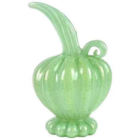 Barovier Toso Murano Green Gold Flecks Italian Art Glass Ribbed Pitcher Vase Glass Art Glass