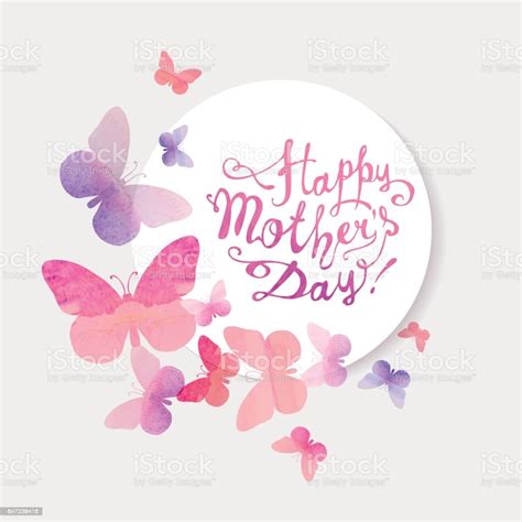 Happy Mothers Day Pink Watercolor Butterflies Stock Illustration