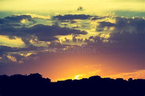 Sunset And Sunrise Golden Sky With Amazing Twilight Stock Photo