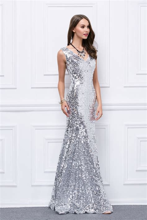 Full Length Silver Sequins V Neck Evening Gown Prom Dress
