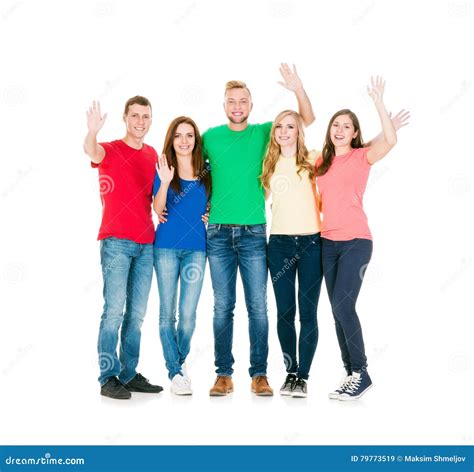 Group Of Smiling Friends Embracing Together Stock Image Image Of