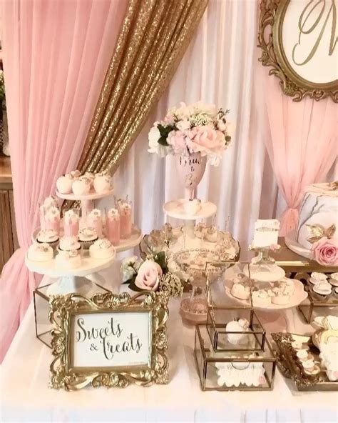 Blush and Gold Bridal Shower Dessert Table Set up | We've all heard of
