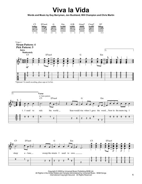 Viva La Vida Sheet Music Coldplay Easy Guitar Tab