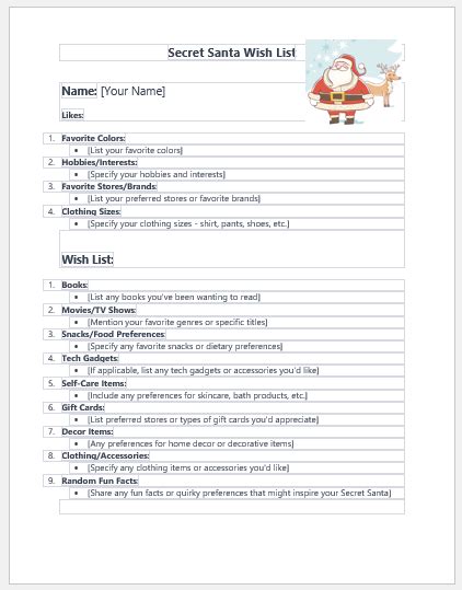 Secret Santa Wish List Template Download Ms Word File