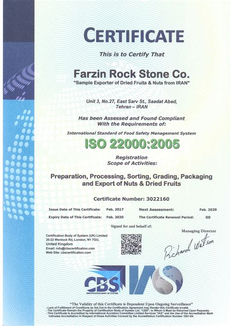 Iso 22000 Certificate Iran Dried Fruit