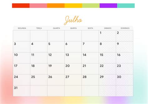 Calendario Mensal Listras Coloridas Julho Fazendo A Nossa Festa