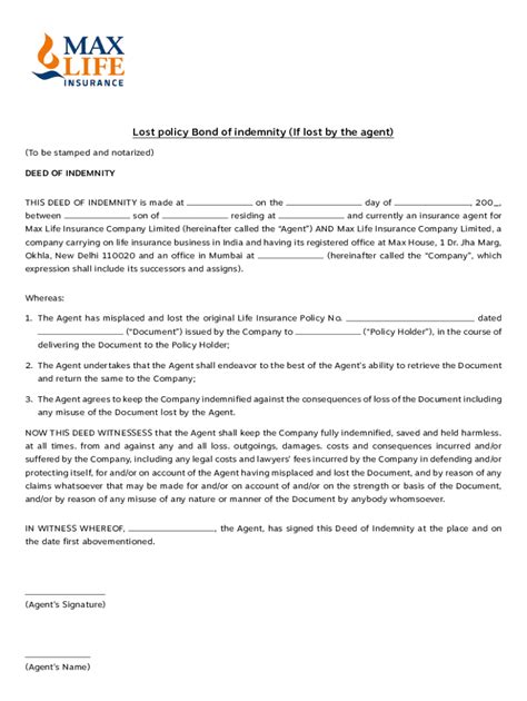 Fillable Online Deed Of Indemnity For Lost Share Certificates Fax