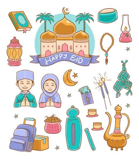 Premium Vector Doodle Happy Eid Mubarak Color Illustration