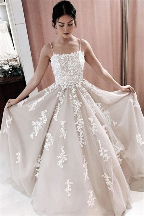 Spaghetti Straps Lace Appliques Wedding Dresses Lace Long Prom Formal