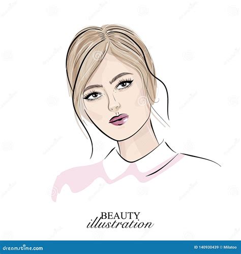 Blonde Girl Face With Nude Makeup Vector Illustration Model Hand Drawn