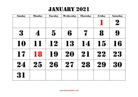 Free Download Printable Calendar 2021 Large Font Design Holidays On Red