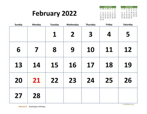 February 2022 Calendar With Extra Large Dates