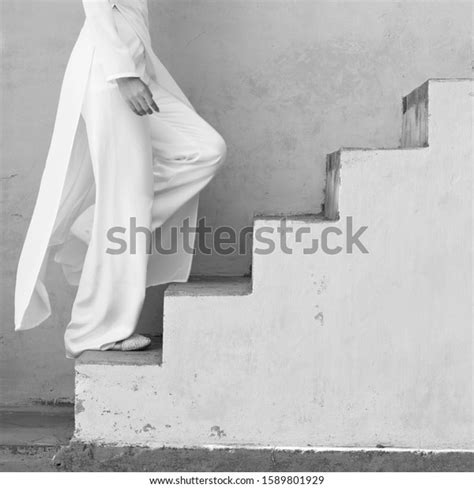 Woman White Dress Walking Stair Stock Photo 1589801929 Shutterstock