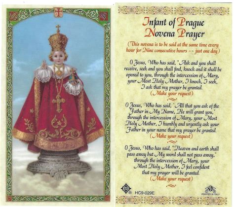 Infant Of Prague Novena Prayer Laminated Prayer Card