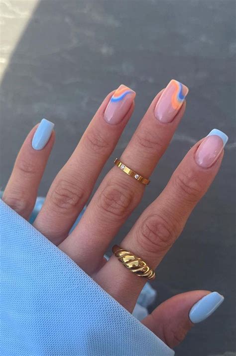 50 Trendy Summer Nail Colours And Designs Blue And Orange Swirl Short Nails