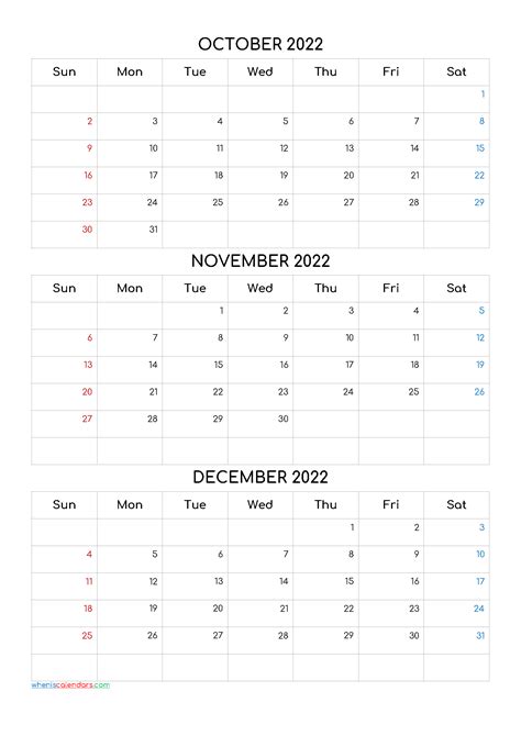 October November December 2022 Calendar Excel