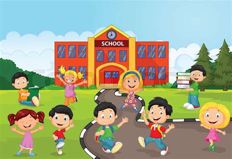Happy School Children Cartoon In Front Of School Stock Vector Colourbox