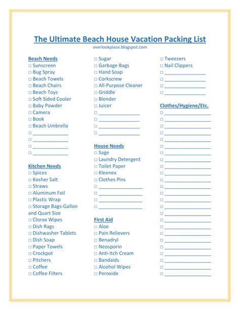 Free Printable Beach House Packing List
