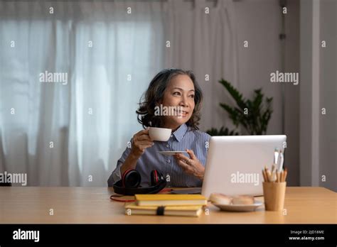 Happy Joyful Mature Laptop User Asian Woman Chatting Online Typing