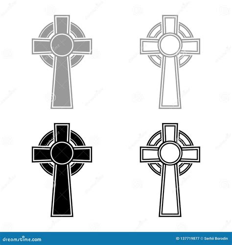 Celtic Cross Icon Set Grey Black Color Illustration Outline Flat Style