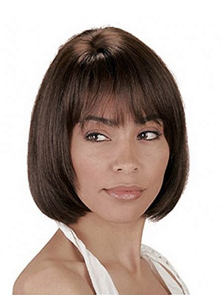 Short Straight Human Hair Women Lace Front Mono Top Wigs With Bangs