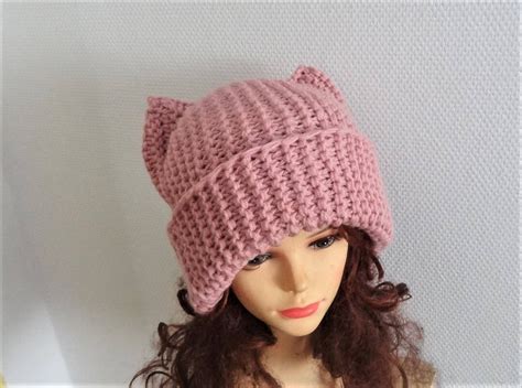 Pink Cat Hat Chunky Beanie Knit Hat Animals Hat Cat Ears Hat Etsy