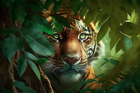 Premium Photo Tiger Hidden In The Jungle Generative Ai