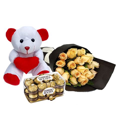 Rose Bouquet With Teddy Bear Inch And Ferrero Rocher Flowers With Chocolates Flowers