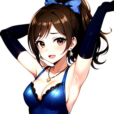 Girl Absurdres Armpits Arms Up Ayase Honoka Black Gloves Blue Bow Blue Dress Blush Bow Breasts