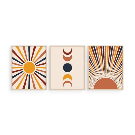 buy haus and hues mid century modern wall art boho wall decor set of 3 sun art print boho wall