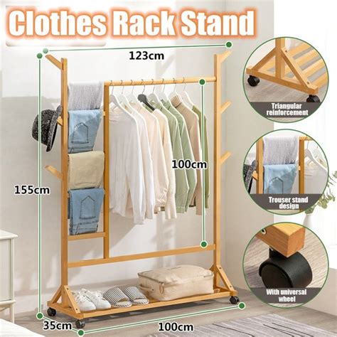 Movable Coat Rack Shoes Rack Wooden Clothing Hanging Rack Bamboo