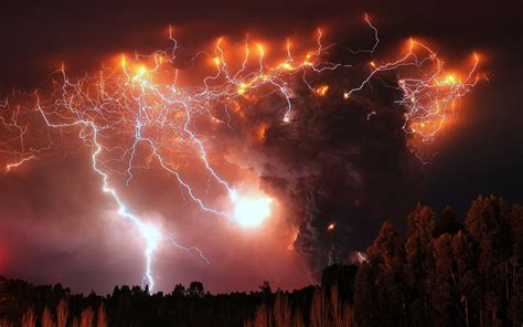 Painting Of Lightning Strikes Volcano Eruption Nature Chile Hd