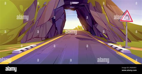 Cartoon Road Going Through Tunnel In Mountain Vector Illustration Of
