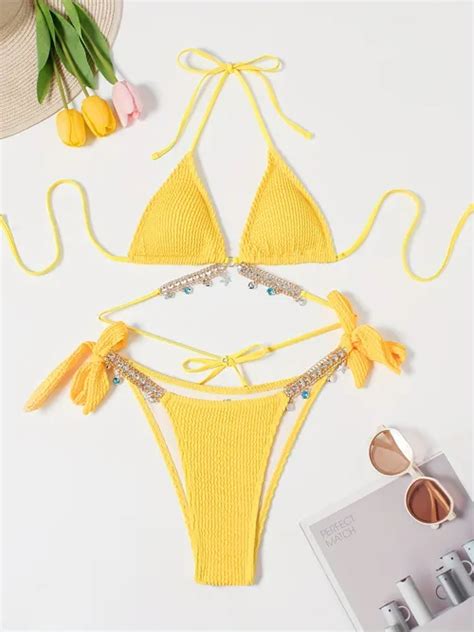 Rhinestone Triangle Halter Bikini Temu