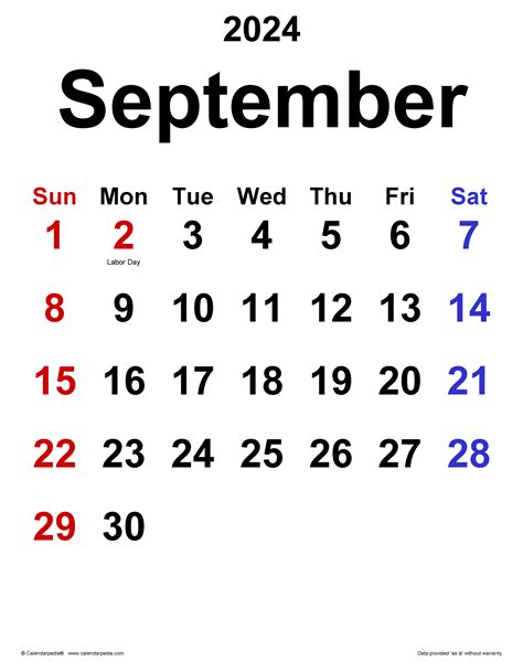 September 2024 Labor Day Calendar Blank 2024 Calendar
