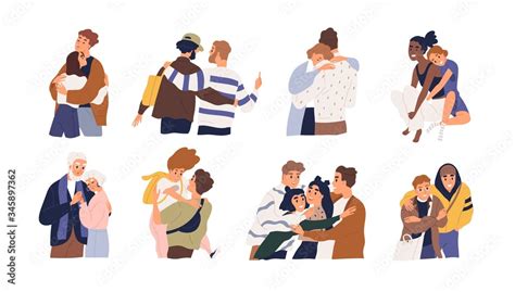 Set Of Different Cartoon People Hugging Feeling Love And Positive