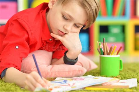 Portrait Of Cute Little Boy Drawing With Pencils Stock Image Image Of