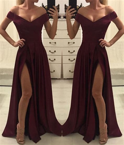 Burgundy Off Shoulder Satin Long Prom Dress With High Slit Off Should