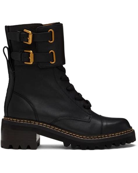 See By Chloé Leather Black Mallory Combat Boots Lyst