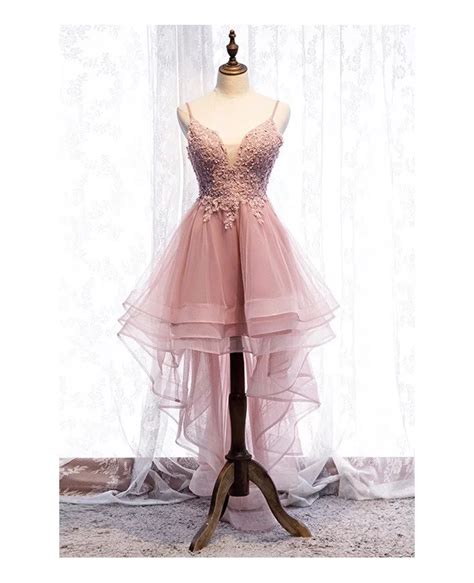 Gorgeous Pink High Low Ruffled Prom Dress With Appliques Myx79001