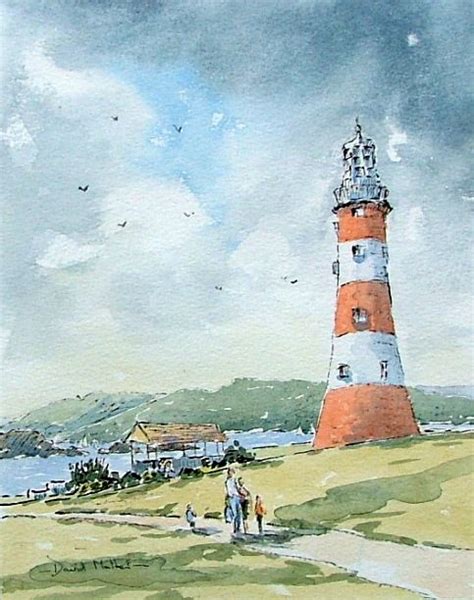 Davidmatherartist Line And Wash Watercolour Smeaton Lighthouse