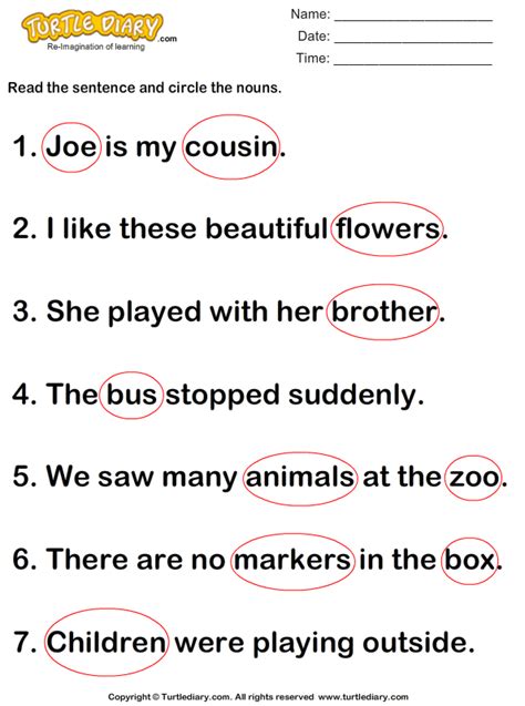 Identify And Circle Nouns In A Sentence Worksheet Turtle Diary