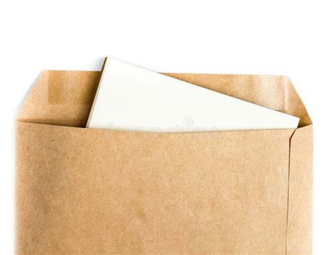 Opened Brown Recycle Envelope With Paper Letter Inside On White Stock
