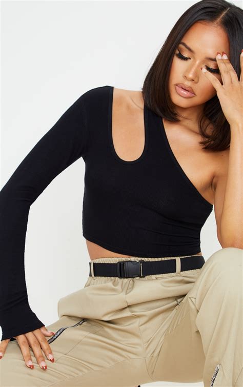 black rib cut out one shoulder crop top prettylittlething