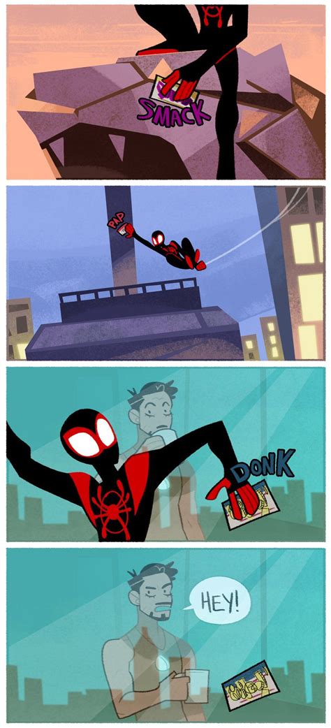 A Four Panel Comic Miles Morales Is In His Spidey Suit Putting