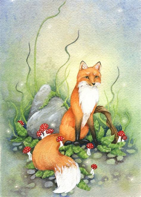 Little Fox 5x7 Watercolor Print Woodland Animal Cute