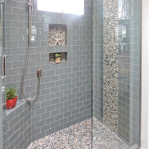 Ocean Glass Subway Tile Shower Featuring Pebble Tile Subway Tile Outlet