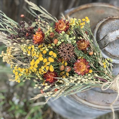 Dried Flower Bouquet Fall Color Strawflowers Woodland Home Decor