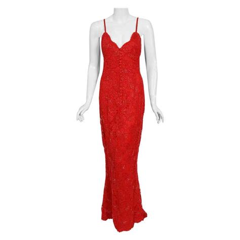 Vintage 1996 Ungaro Haute Couture Red Beaded Floral Lace Hourglass Gown