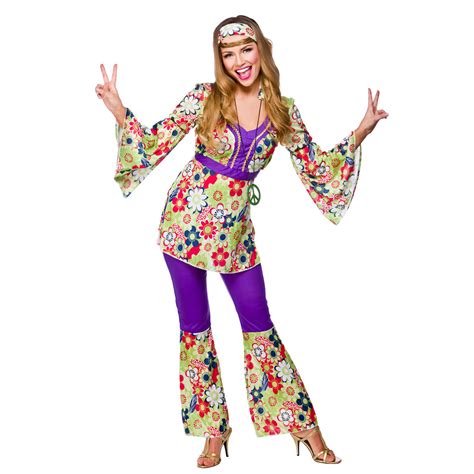 Ladies Womens Hippie Hippy Fancy Dress Costume 60s 70s Groovy Flower